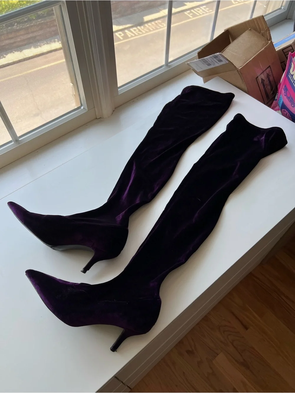 Zara Velvet Over The Knee Boots Size 7 US Purple Plum Pointed Toe Kitten Heel